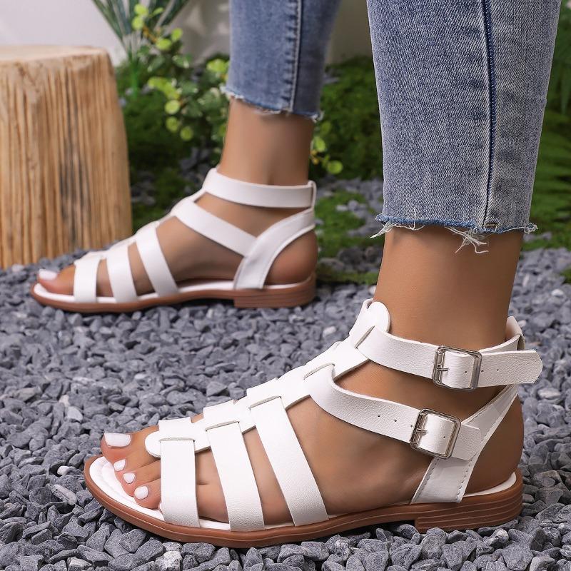 Flat bottom woven bandwidth strip sandals women's flat bottom one-word buckle student sandals daily wear beach sandals