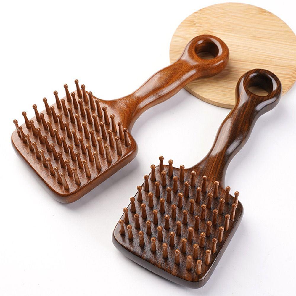 Long Handle Sandalwood Head Massage Comb Wide Tooth Meridian Hair Brush  Travel Use