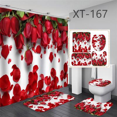 3D Digitaldruck Rote Rose Blume Duschvorhang Wasserdicht Polyester Landschaftsvorhänge Badezimmer Duschvorhang und Teppich-Sets