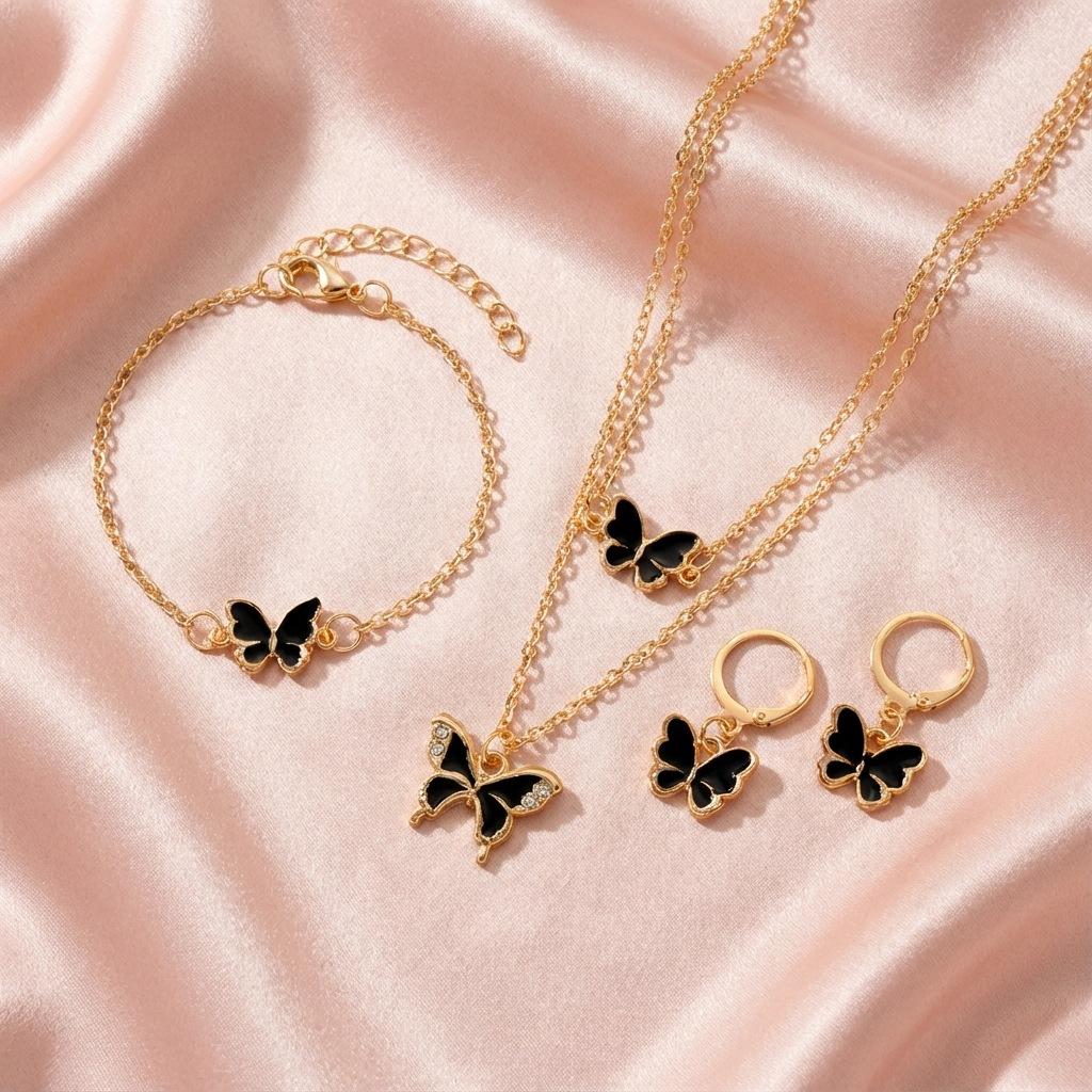 Exquisite and Luxurious Butterfly Pendant Necklace and Bracelet Set, Unique High-End Oil-Drip Earrings