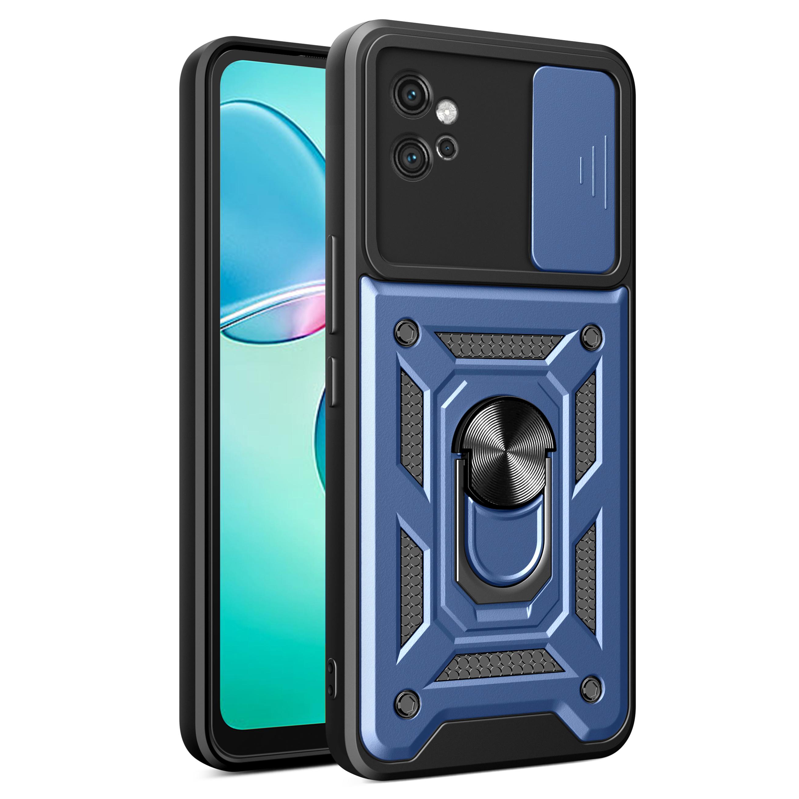 

For Motorola Moto G32 4G Case PC+TPU Kickstand Smart Phone Cover with Slide Lens Lid Dark Blue