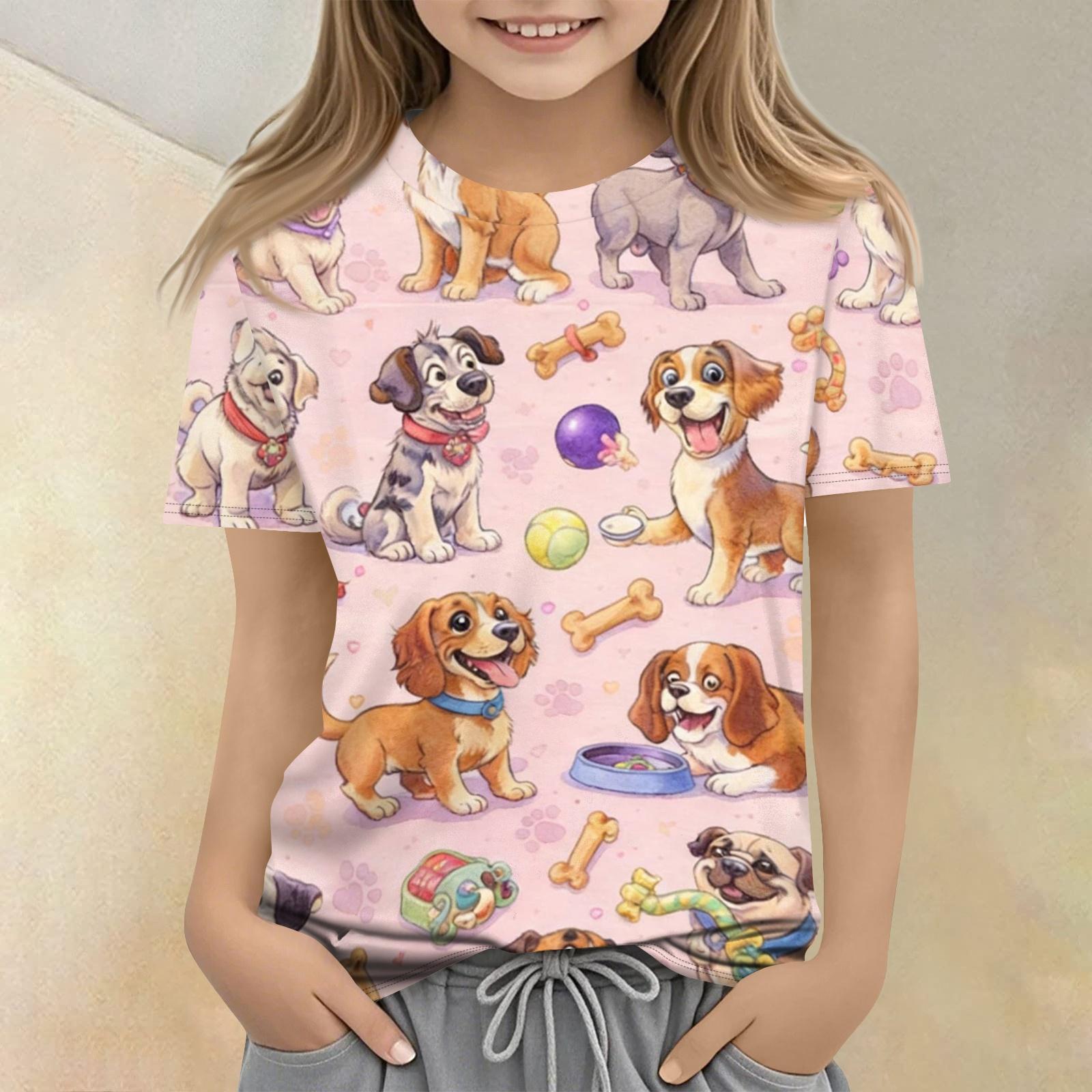 

Kids Animal Print Short Sleeve T Shirt Casual Loose Fit Round Neck Top Soft Comfortable Fabric Suitable for Everyday Wear 160 рожевий