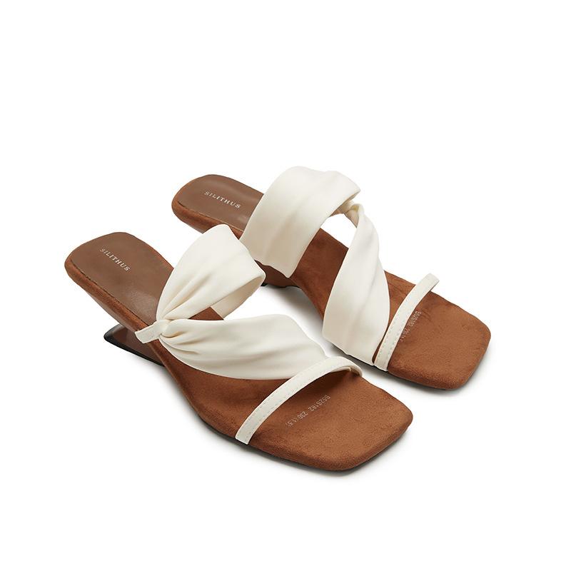 Sheepskin Color Matching Retro Square Head with Wedge Heel Slippers Women's Summer Wear Korean Version Open-toed High-heeled Sandals
