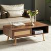 Wicker Coffee Table, Tea Table with Sliding Doors, Solid Wood Legs, Modern Living Room Table, Dark Walnut Wood-H40/W1050/D55 cm