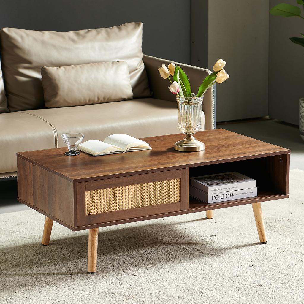Wicker Coffee Table, Tea Table with Sliding Doors, Solid Wood Legs, Modern Living Room Table, Dark Walnut Wood-H40/W1050/D55 cm