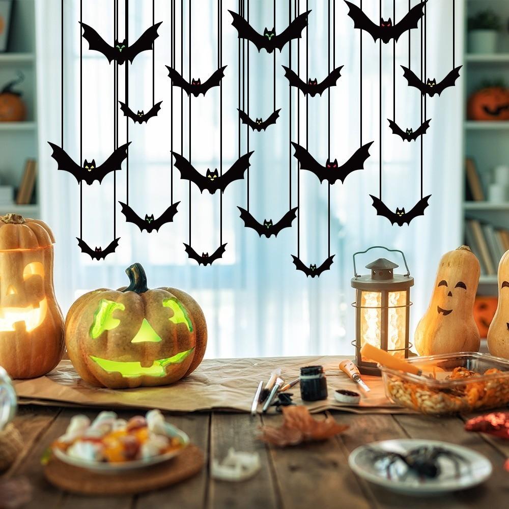 18Pcs Black Halloween Bat Flag with Eyes Hanging Ornaments Simulation Bat Pendant Horror Props with Ribbon Bat Decorations