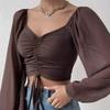 Summer New V-neck Drawstring Chiffon Blouse Women Vintage Lantern Sleeve Slim Fashion Sexy Women's Shirt Tops Elegant Solid Ladies Crop Blouse 25156
