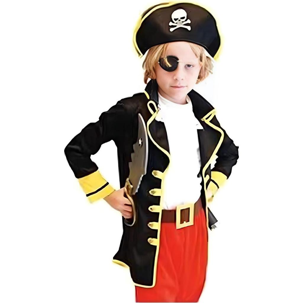 Kids Pirate Costume Set with Hat and Eye Patch,Premium Fabric, 7-8 Years, 150 cm, Red/Black