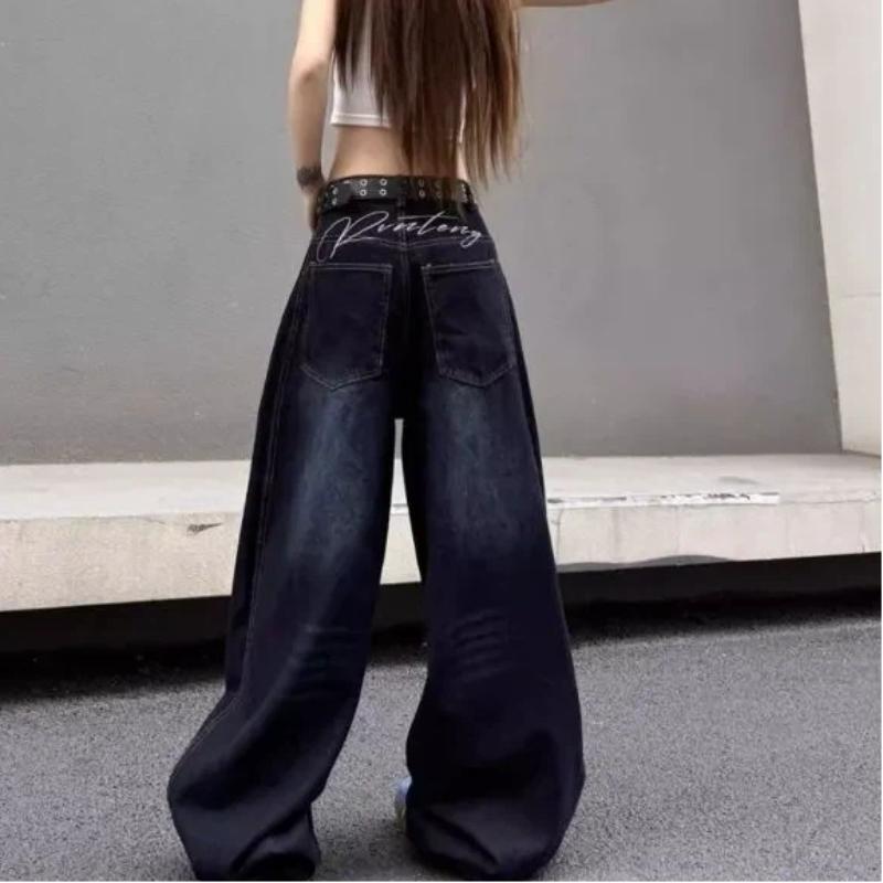Women's American Vintage Embroidered Curved Blade Jeans High Street Washed Distressed Loose Wide Leg Pants
