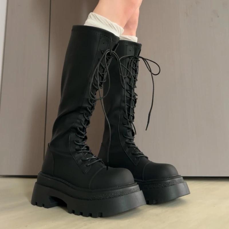 Flats Platform High Boots Women's Designer Shoes for Woman Winter Knee High Boots  Lace Up Trend Goth Fashion Boots Femme