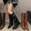 Cowhide Version Brown Trouser Boots Women's Pointed Head Thick Heel Slim Boots Spice Girl Style Knight Boots Western Cowboy Boots