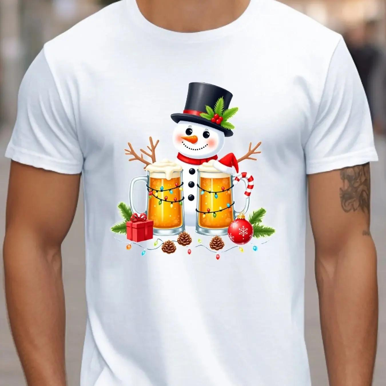 Mens Printed 100 Cotton ShortSleeved Christmas Beer Pattern Fashion HighQuality TShirt S