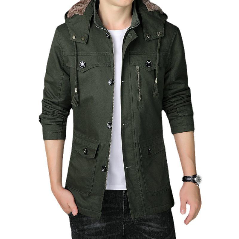 Men's Mid-Length Fleece-Lined Windbreaker: Warm Thick Cotton-Padded Hooded Jacket for Autumn & Winter