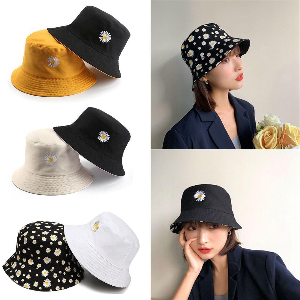 

Summer Outdoor Sunscreen Cotton Double-Sided Bucket Hat Sun Hat Daisies Fisherman Cap Foldable