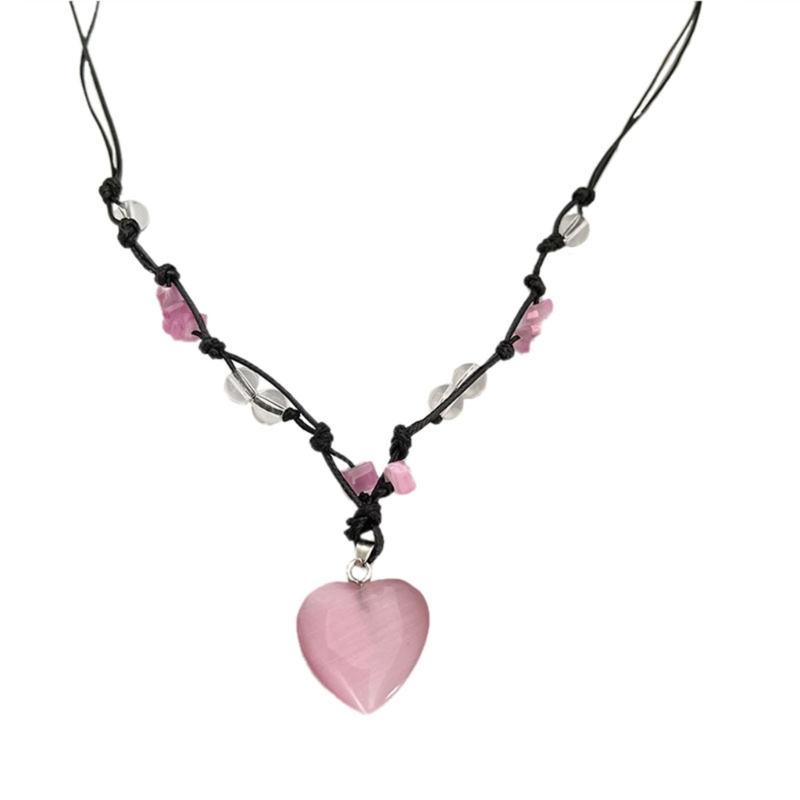 Heart Natural Stone Necklace Woven Rope Chain Choker for Women Girl Unisex Necklace Gemstone-Jewelry Ornament Gift