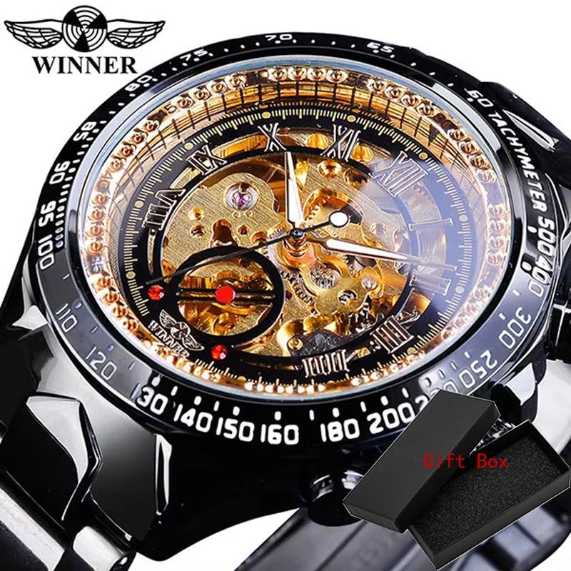 Winner Classic Series Golden Movement Stahl Herren-Skelettuhr Mechanische Top-Marke Luxus-Mode Automatikuhren