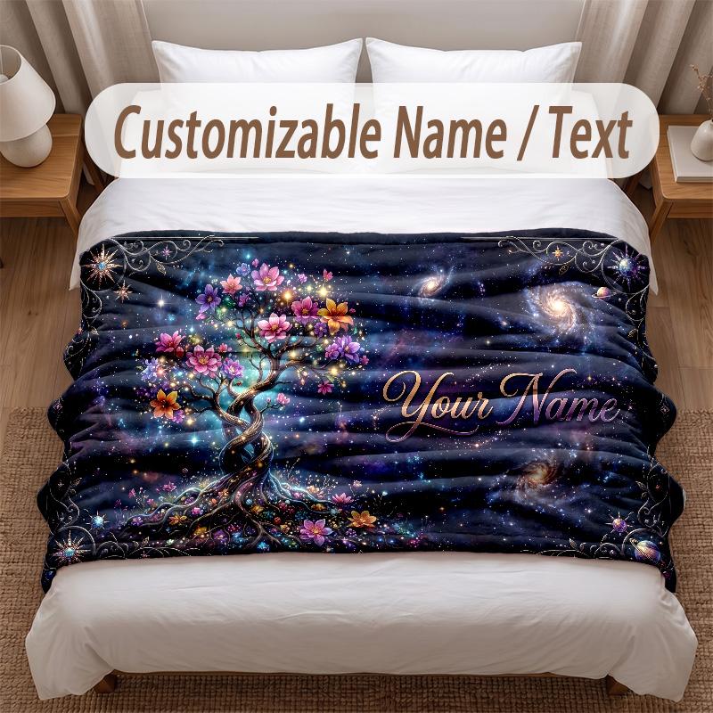 Pătură moale cu tematica Arborele Vieții Personalizată cu Numele Clientului Text Imprimat Pătură Caldă Decor pentru Casă Canapea Dormitor