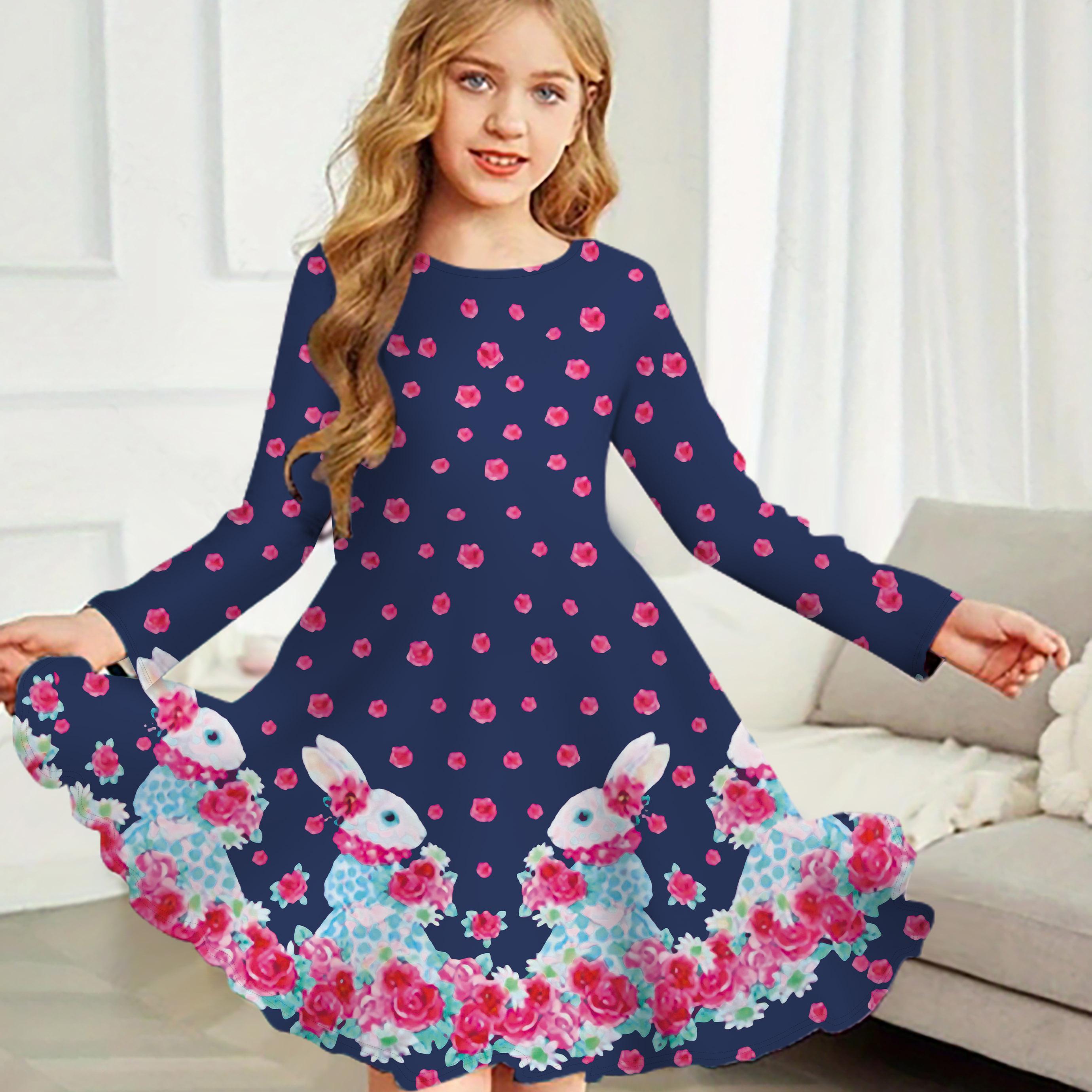 

Повседневное платье для девочек с принтом волнистых точек, круглым вырезом и длинными рукавами, детское платье принцессы 110 темно-синий