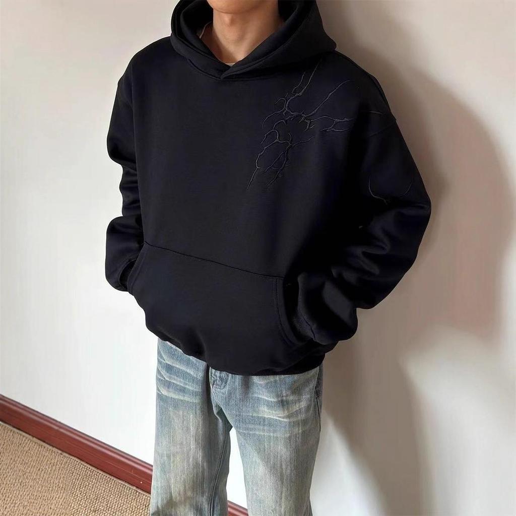 Unisex Retro Lightning Embroidery Hooded Sweatshirt - Loose Fit for Spring and Autumn