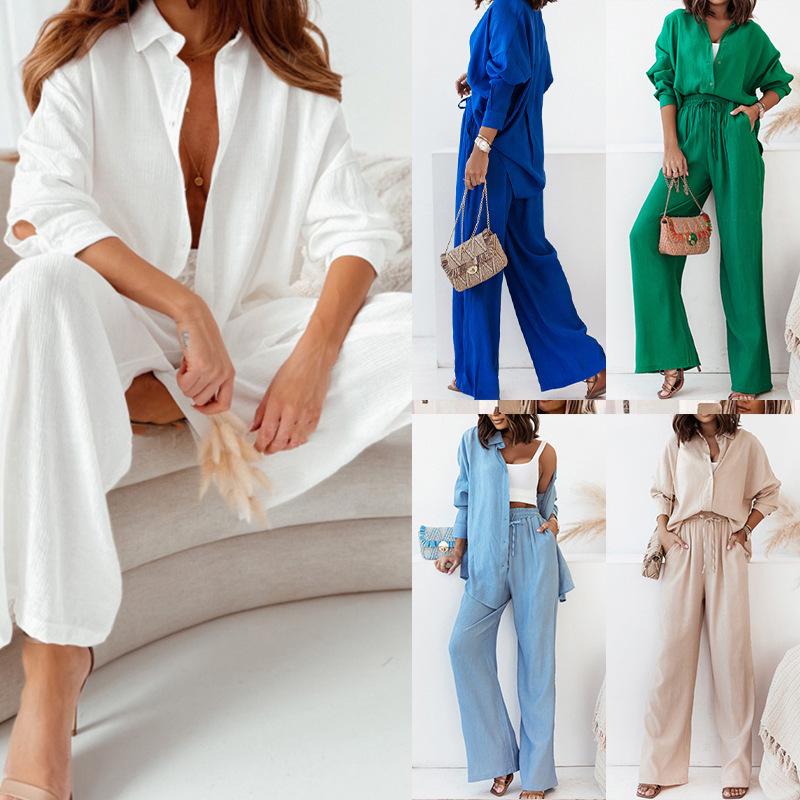 2025 Women's Spring Fashion Solid Color Lapel Shirt & High-Waisted Pants Set