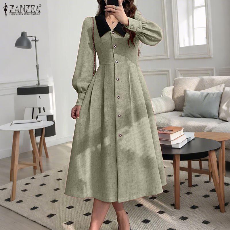 ZANZEA Women Splice Lapel Collar Casual Long Sleeve Elegant Dress