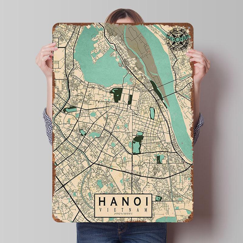 Hanoi City Map Vietnam Vintage Metal Poster Customized Wall Art Retro Vintage Tinplate Signs for Bathroom Decor Bar Accessories