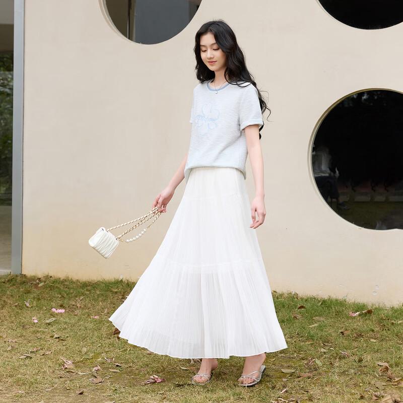 Sancai High-Waist Pleated Chiffon A-Line Long Skirt