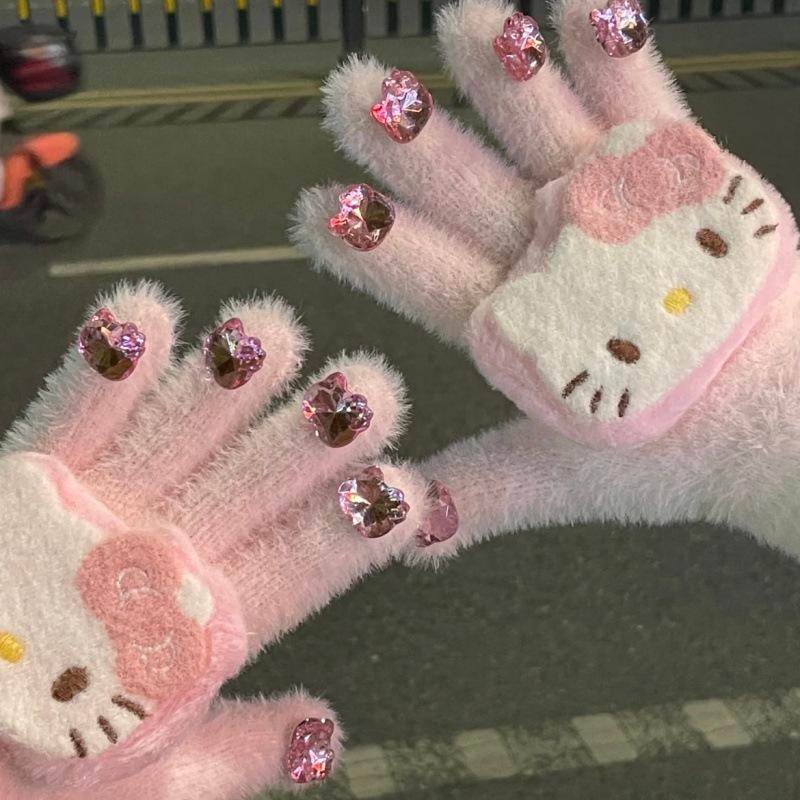 1 Pair Cute Kt Cat Plush Glove Hello Kitty Gloves With Gilrs Cartoon Thickened Warm Christmas Gifts For Students