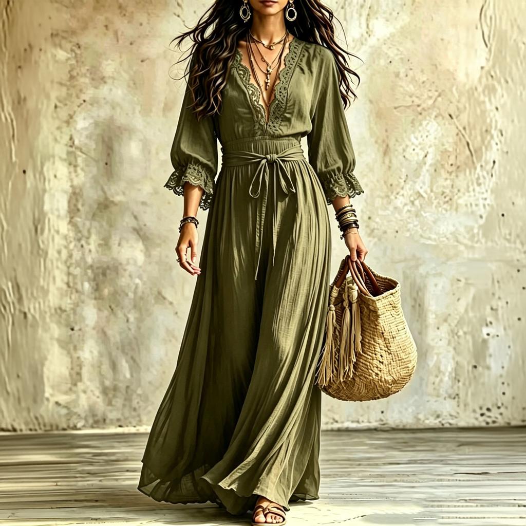 Women's Lace V-Neck Tie Waist Dress with 3/4 Bell Sleeves for Casual and Elegant Vacation