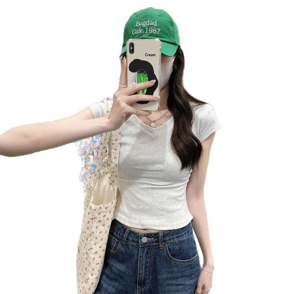 Summer 2025 Women's White V-Neck Pleated Short Sleeve T-Shirt - American Style