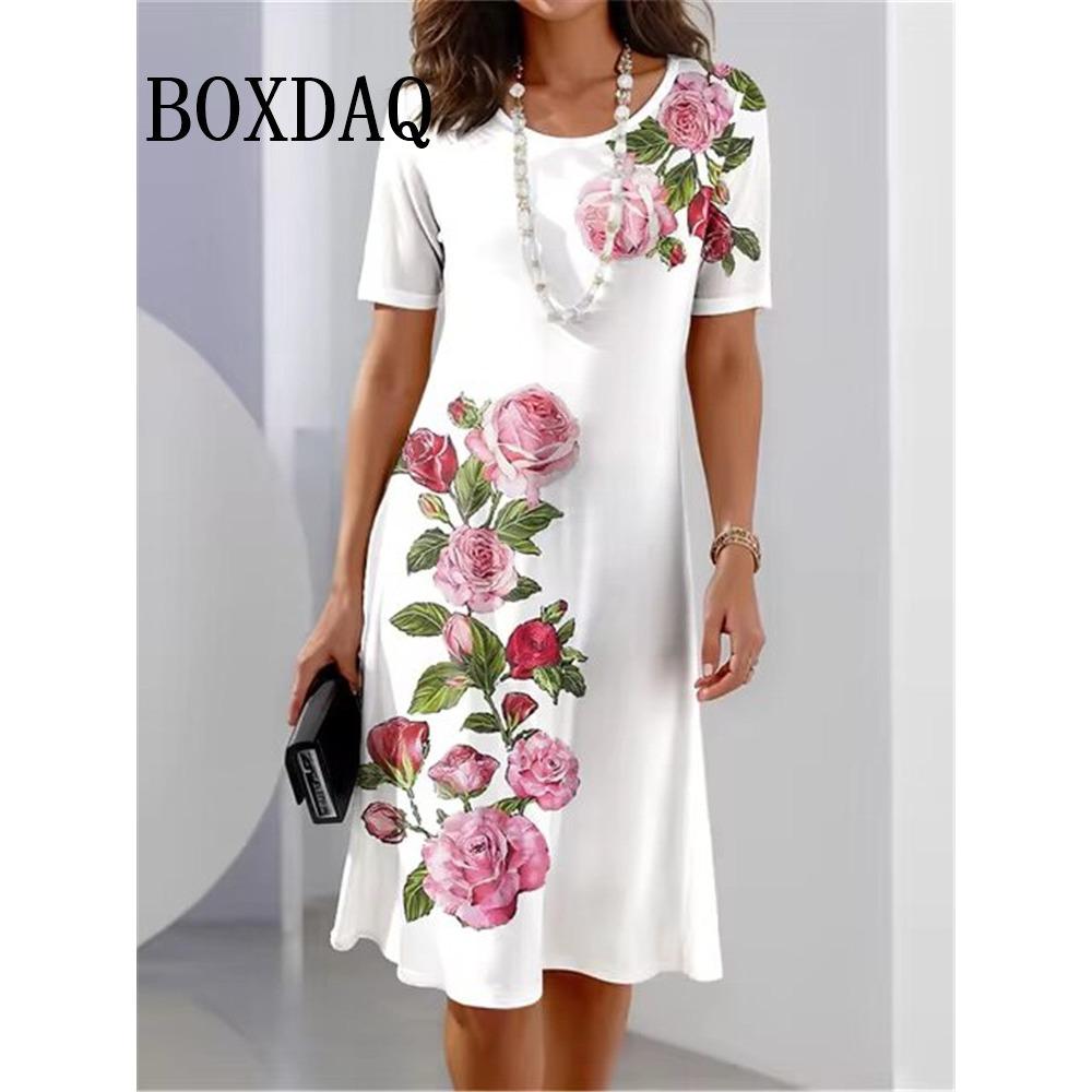 Women Casual Dresses Summer Vintage Style Female O-Neck Flower Printed Dress Loose Ladies Clothing