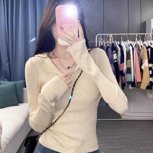 Dámský růžový pletený svetr s dlouhým rukávem slim fit Zeštíhlující jednobarevný pulovr