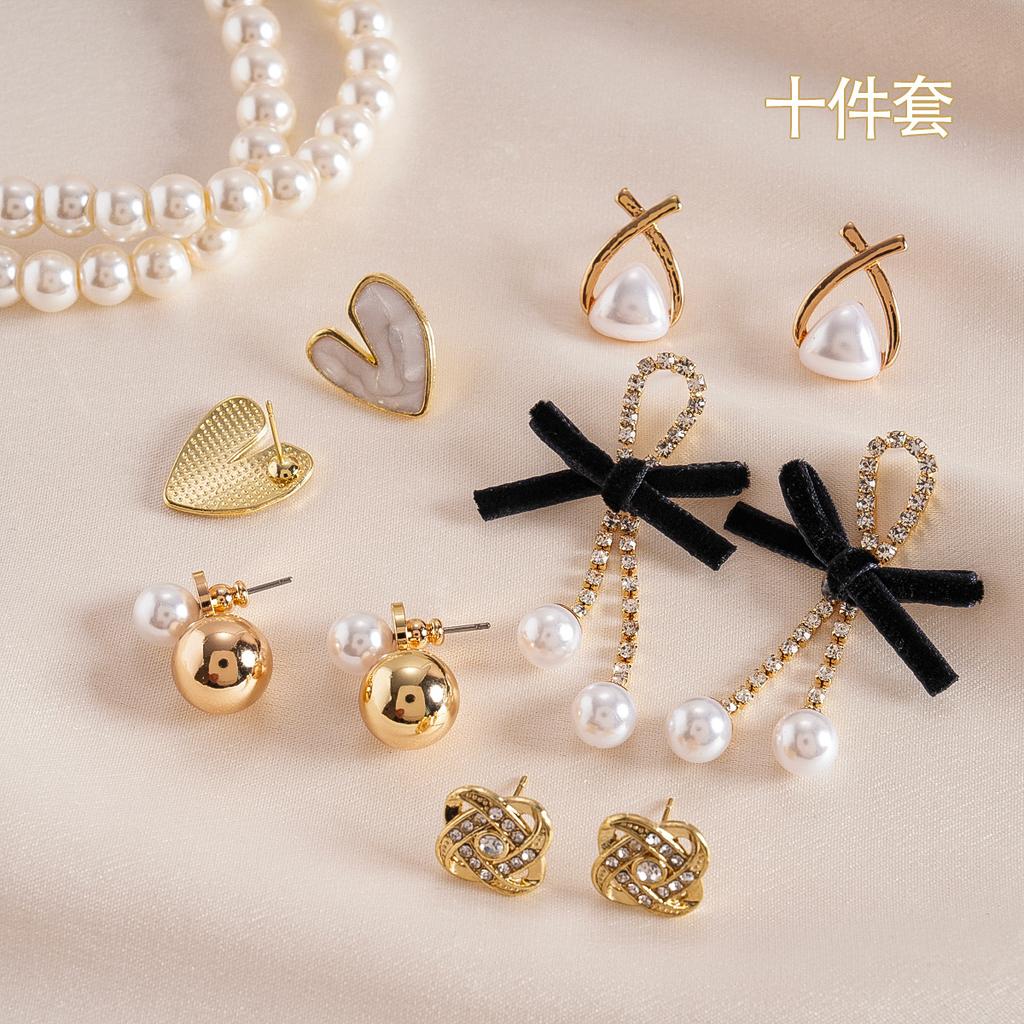 Ten-piece Set of Diamond-set Pearl Drop Oil Bow Love Silver Needle Stud Earrings Versatile Earrings