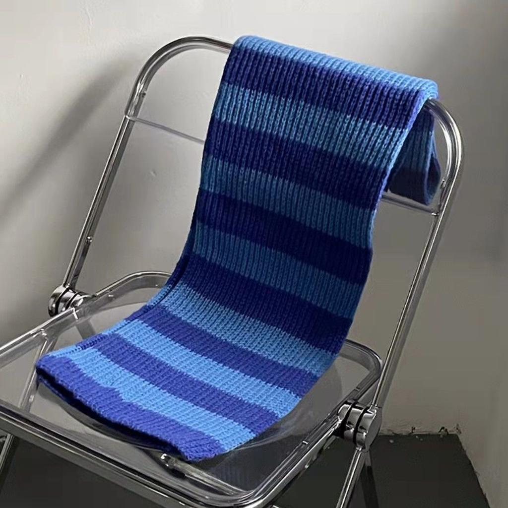 Student Women's Blue Striped Knitted Wool Scarf Korean Style Winter Warm Neck Warmer