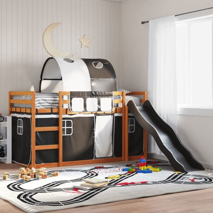 VidaXL Lit superposé avec toboggan et rideaux blanc et noir 90x200 cm, lit, cadre de lit, lit superposé bas, meuble de 3284140