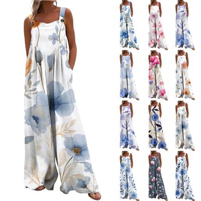 Women's Fashion Loose With Pockets  Sleeveless Floral Print Jumpsuit