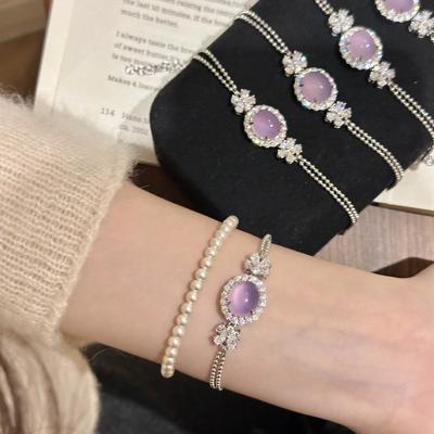Haute Couture Natural Purple Chalcedony Bracelet Women'S Handmade Inlaid Ice Transparent Violet Egg Surface Bracelet Temperament