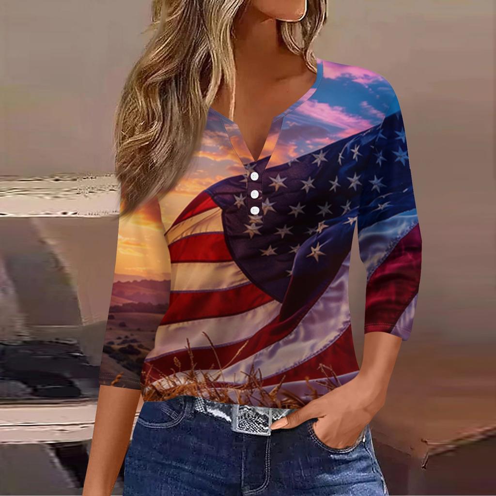 Women's Fashion Casual Independence Day American Flag Stars and Stripes Print Collar V-Neck Three-Quarter Sleeve Decorative Button-Up T-Shirt Top