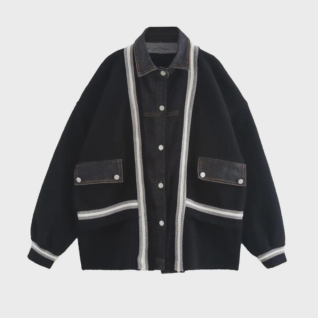 Women's European Denim Spliced Knit Cardigan Sweater