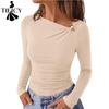 Women's Fashion Casual Spring Autumn Solid Color Print Long Sleeve Oblique Collar Blouses & Shirts