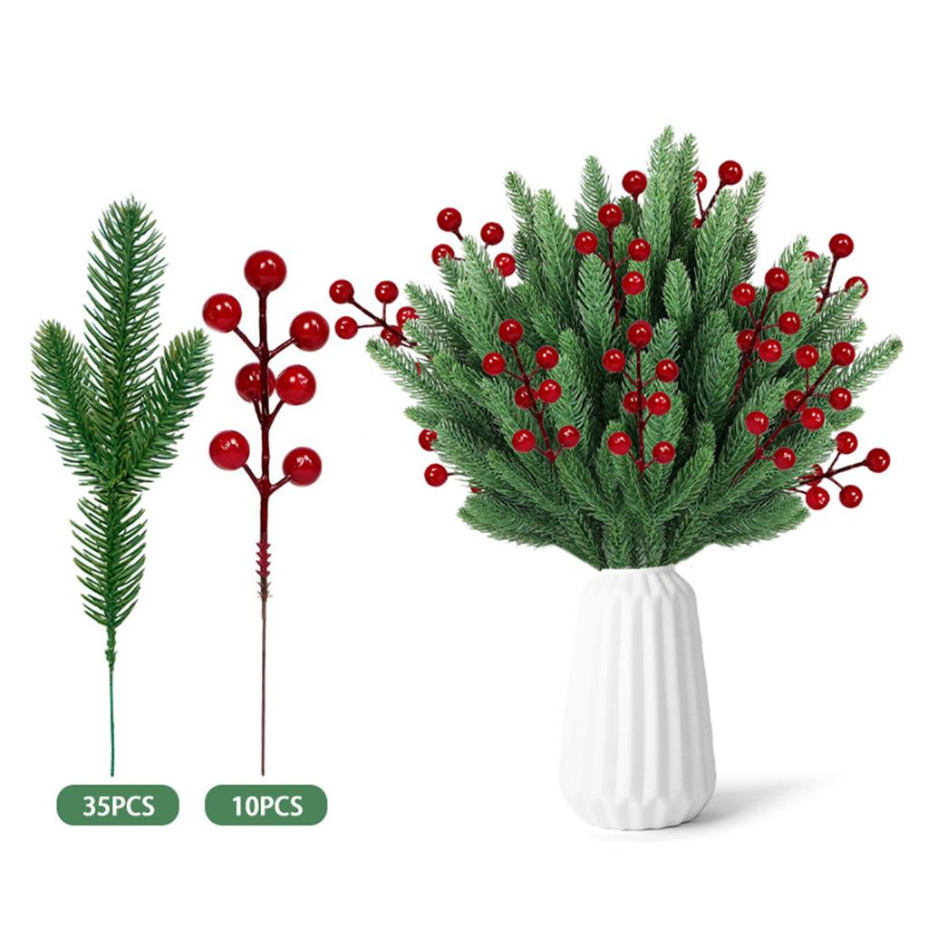 Norfolk Branches Red Berry Stems Artificial Christmas Picks Fake Needles With Holly Berries For Xmas Tree Filler Decorations Festival Holiday