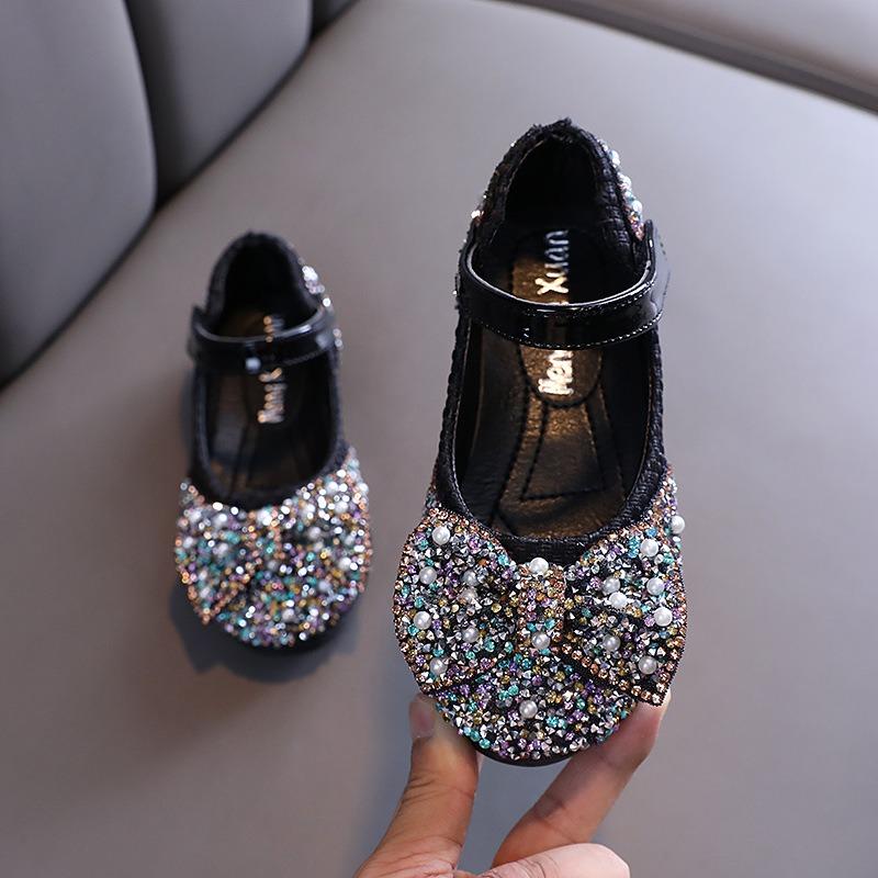 Girls' flat shoes, spring-autumn new style, colorful rhinestones & bowknot, small/medium/large children's dance shoes, performance shoes