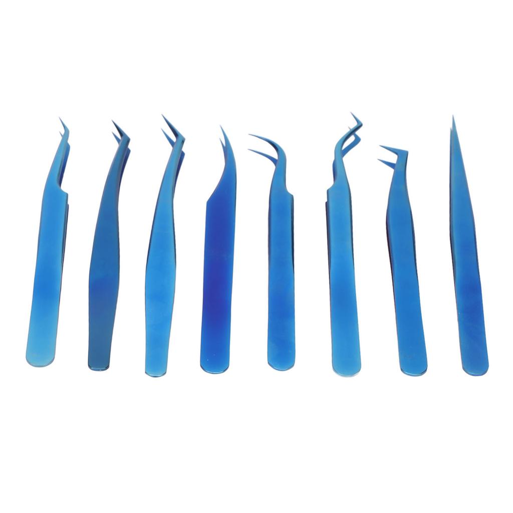 8pcs Eyelash Tweezers Stainless Steel Fine Tip Ergonomic Blue Titanium Eyelash Extension Tweezers