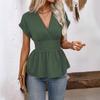 Spring/Summer Women's V-Neck Waist-Cinching Raglan Sleeve Pleated Hem Top