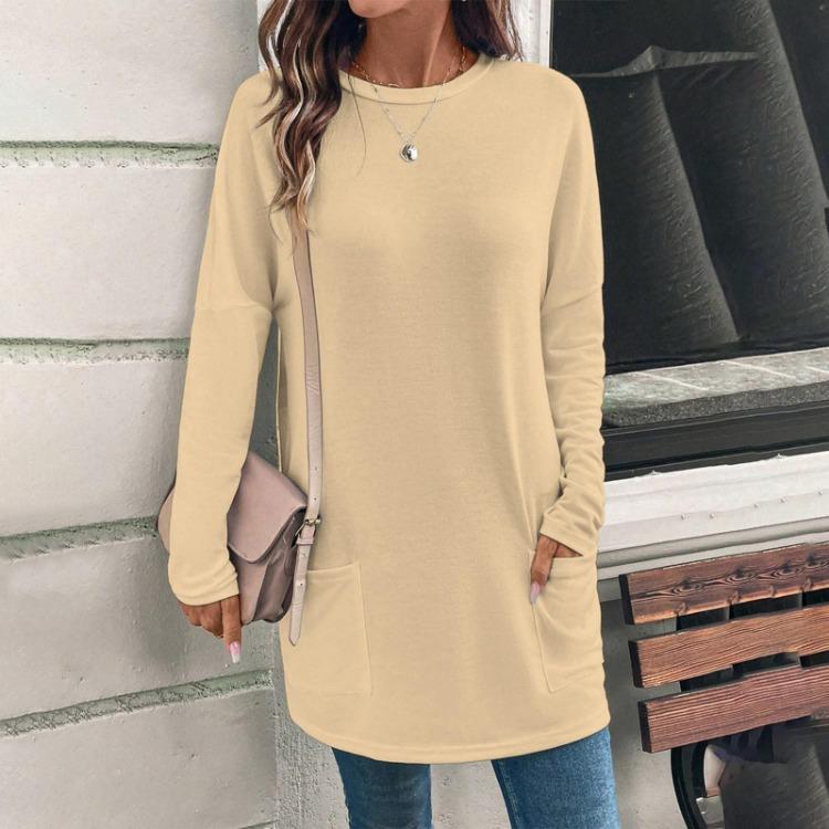 Women Casual Long Sleeve Solid Color Loose Crewneck Top with Pocket S