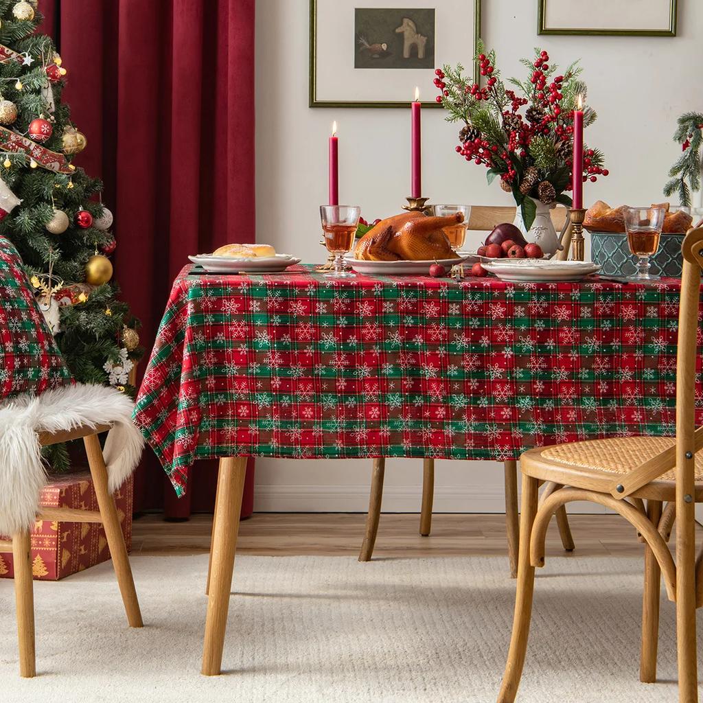 Christmas Tablecloth Green Plaid Snowflake Cotton Linen Rectangular Table Cover Navidad Noel New Year Gifts Dining Table Decor