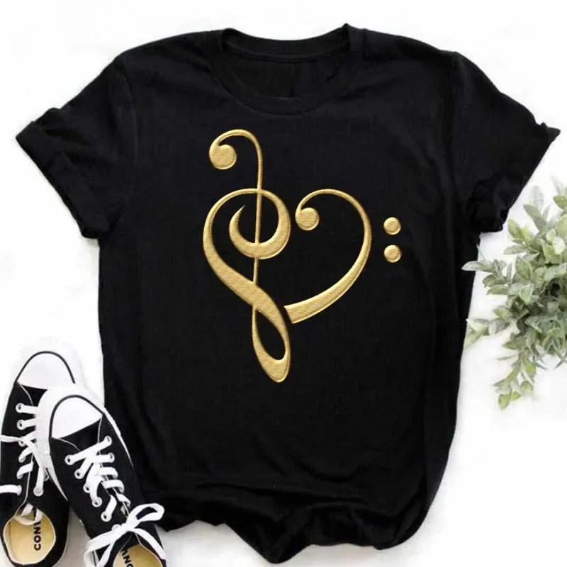 Damen T-Shirt Musik Oberteile Kurzarm Schwarz T-Shirt Damen Lässig Neu Harajuku Lustig Musiknote Kunst T-Shirt Mode