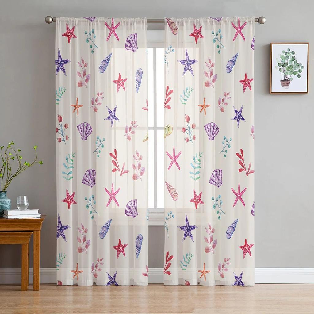 Flowers Foliage Gradient Shells Starfish Bedroom Transparent Sheer Curtains Holiday Decoration Window Voile Tulle Curtain