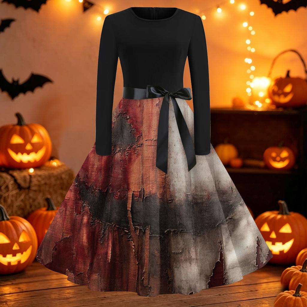 Women's Vintage Halloween Print Round Neck Casual Dress for Everyday Wear
