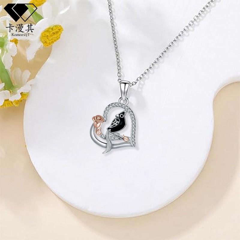 Heart Shape Parrot Pendant Necklace Women Fashionable Copper Charm On Cross Chain Adjustable 41-50cm